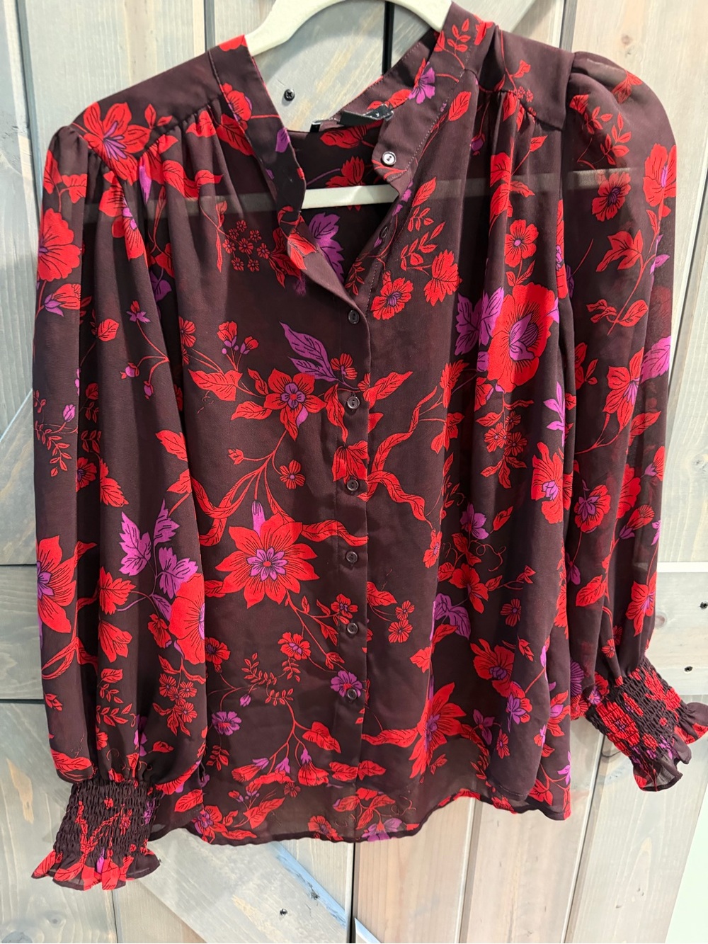 Sanctuary Floral Button-Up Blouse — Red & Purple on Dark Base